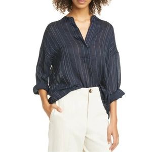 Vince Navy Stripe Split Neck Blouse Small